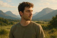 hombre joven mirando hacia un lado con un paisaje de fondo